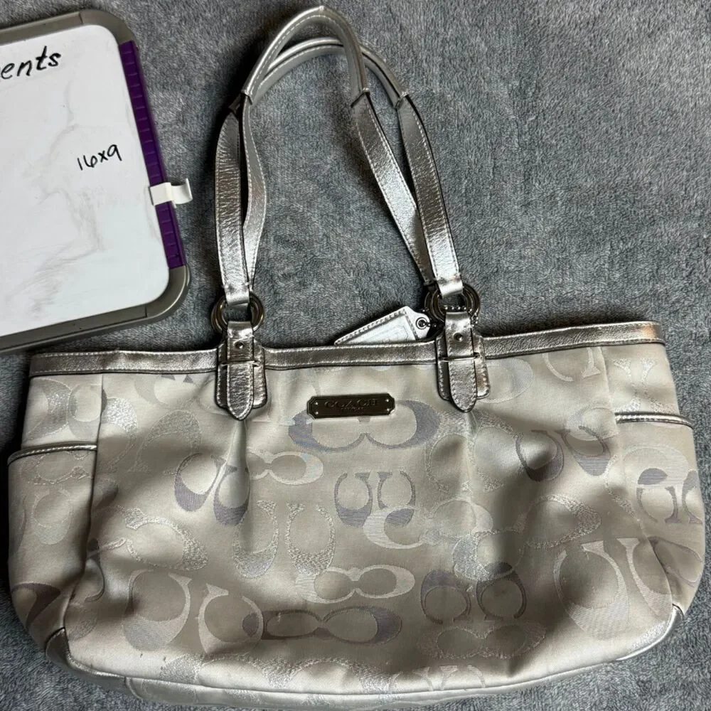 Coach Silver Metallic Signature Jacquard Tote Shoulder Bag Pink
